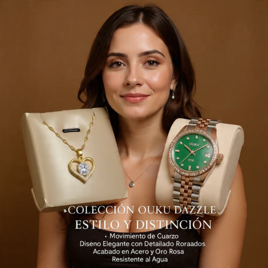 Kit Reloj tipo Rolex mujer y Collar Corazón con Diamante