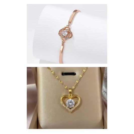 "Regalo del Corazón" Kit: Pulsera Oro rosado y Collar con Diamante.