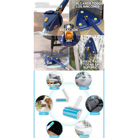 Kit Fregona Telescópica 360° con Pack 2 Rodillos removedor de pelo Lavable