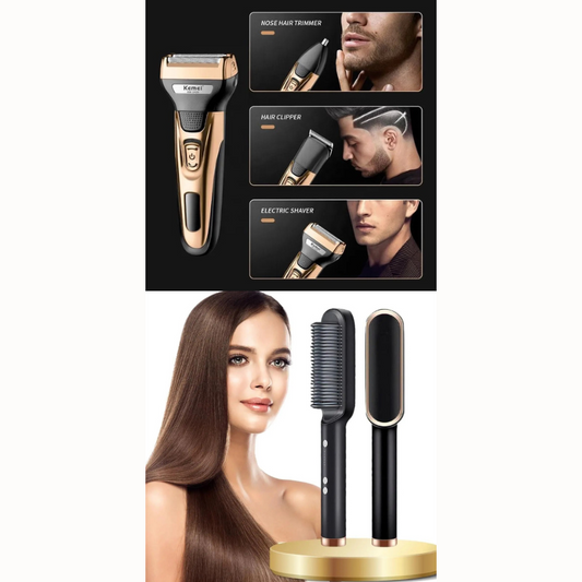 "Kit de Pareja"Cortapelo recargable 3 en 1 + Cepillo Alisador de Pelo