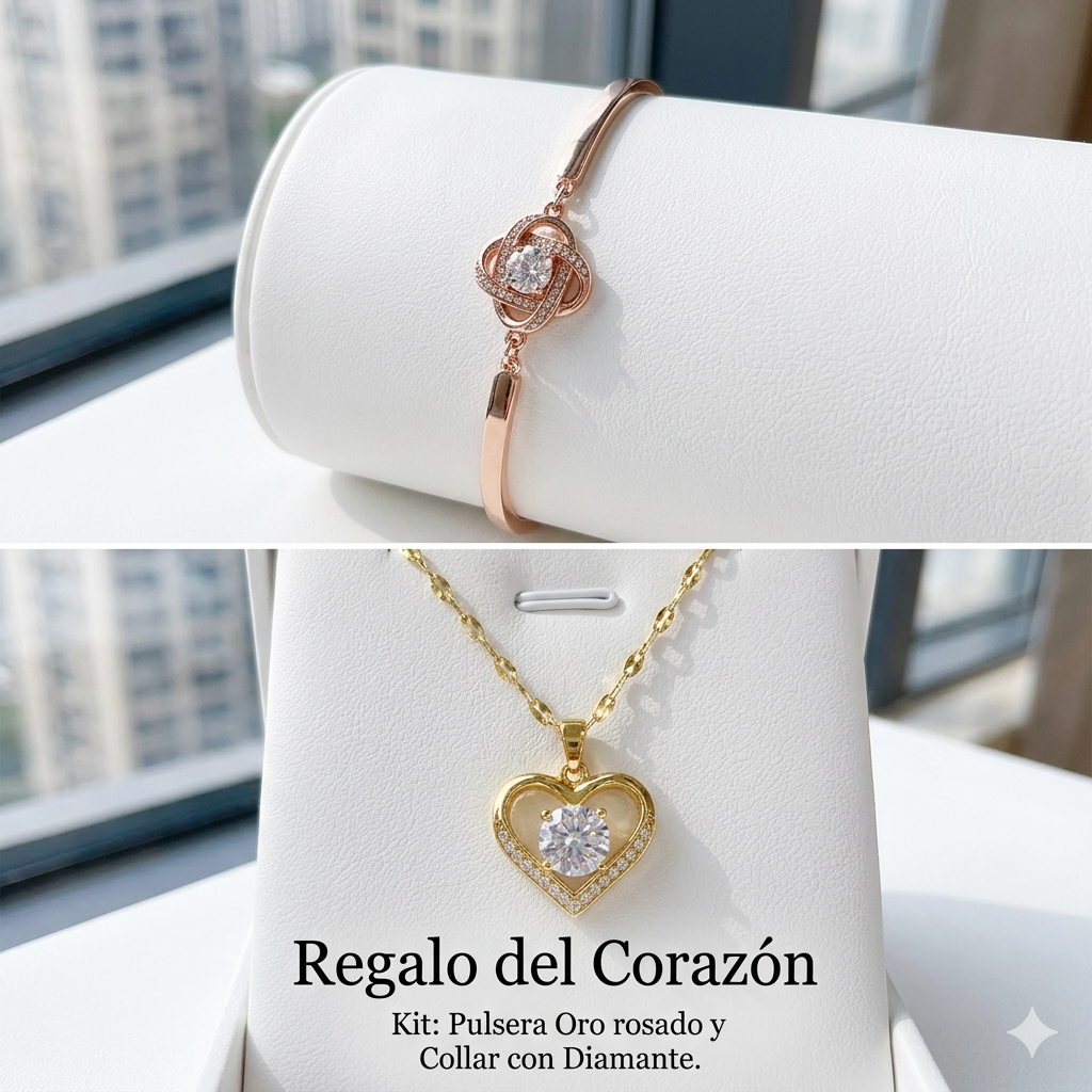 "Regalo del Corazón" Kit: Pulsera Oro rosado y Collar con Diamante.