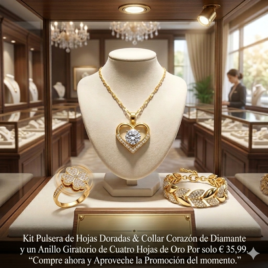 Kit Pulsera de Hojas Doradas & Collar Corazón de Diamante